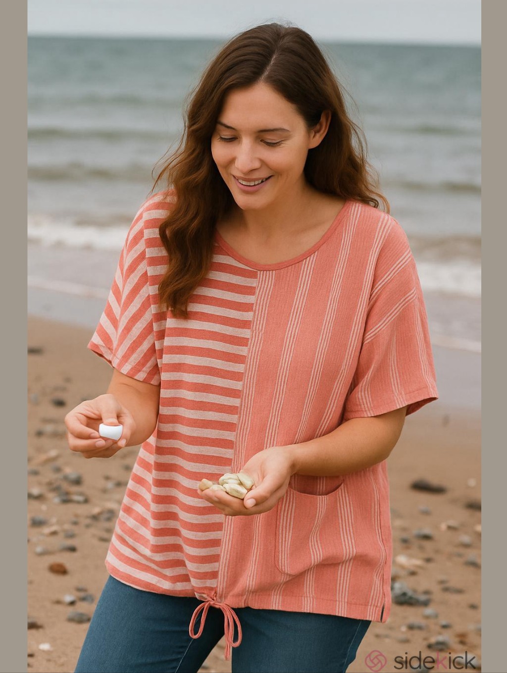 Anthropologie Blue Tassel S/S Coral/White Striped 100% Linen Oversized Top Xs